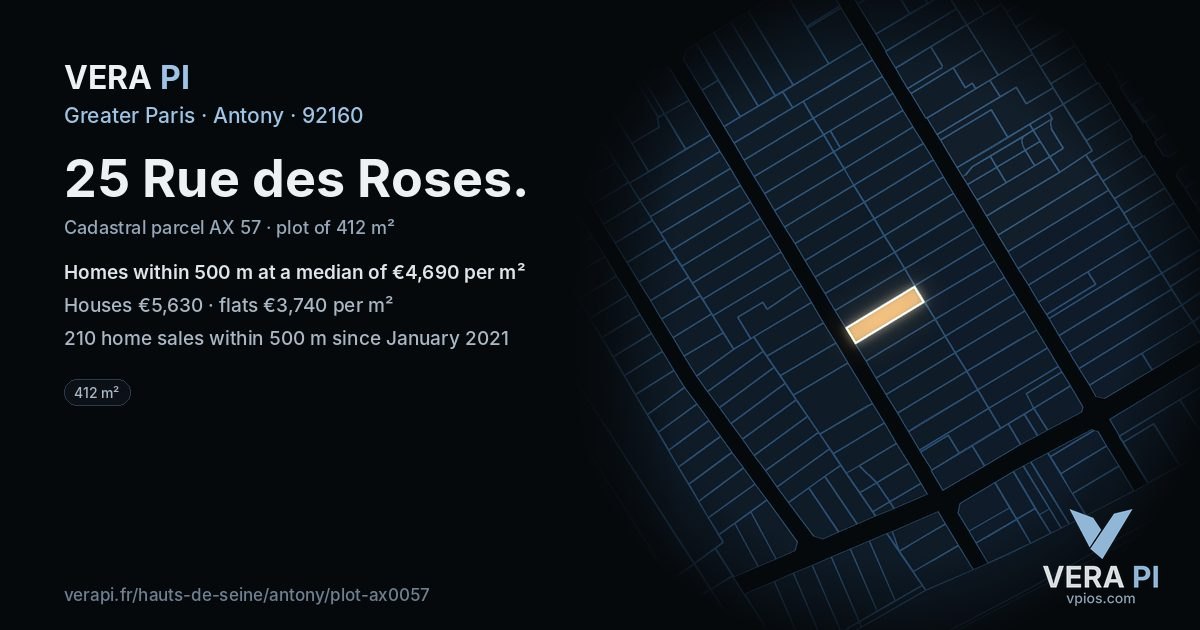 25 Rue des Roses, Antony at night – the plot lit, the parcels around coloured by the prices near them