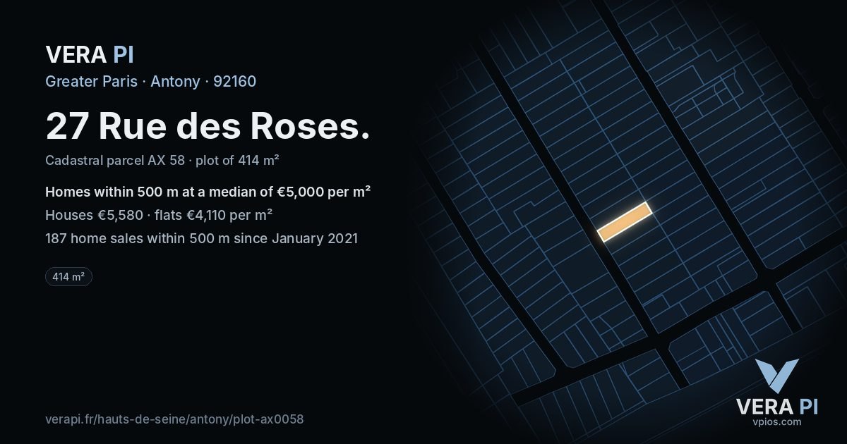 27 Rue des Roses, Antony at night – the plot lit, the parcels around coloured by the prices near them