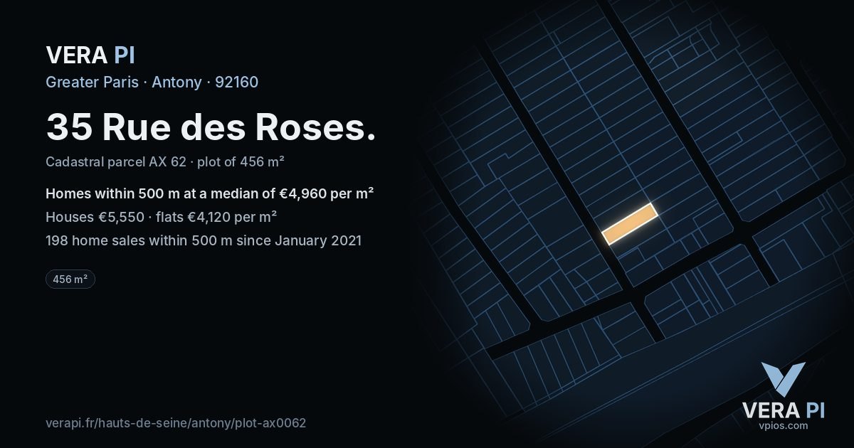 35 Rue des Roses, Antony at night – the plot lit, the parcels around coloured by the prices near them
