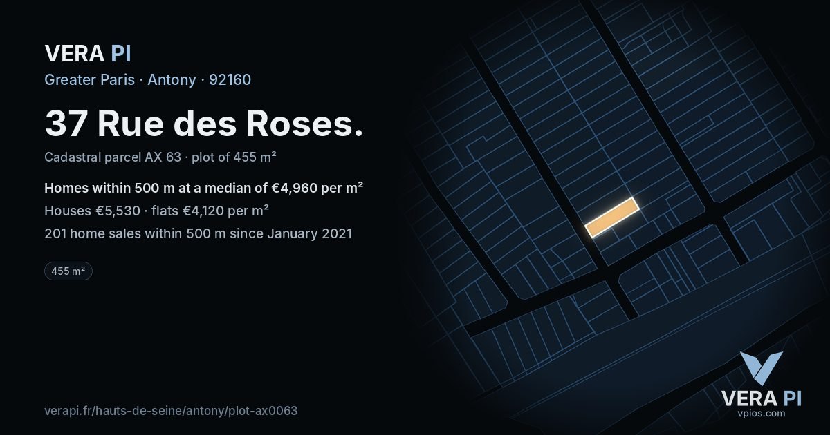37 Rue des Roses, Antony at night – the plot lit, the parcels around coloured by the prices near them