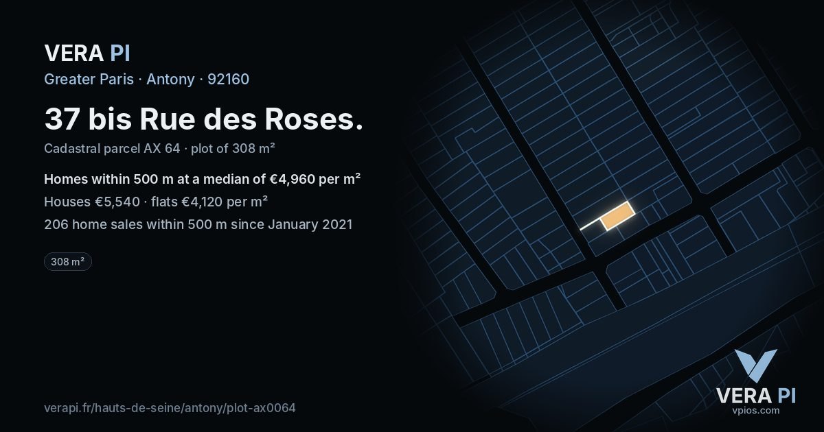 37 bis Rue des Roses, Antony at night – the plot lit, the parcels around coloured by the prices near them