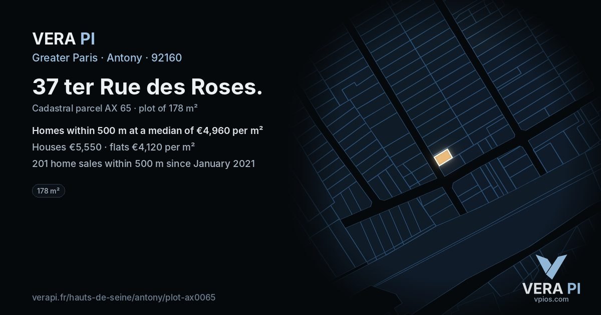 37 ter Rue des Roses, Antony at night – the plot lit, the parcels around coloured by the prices near them