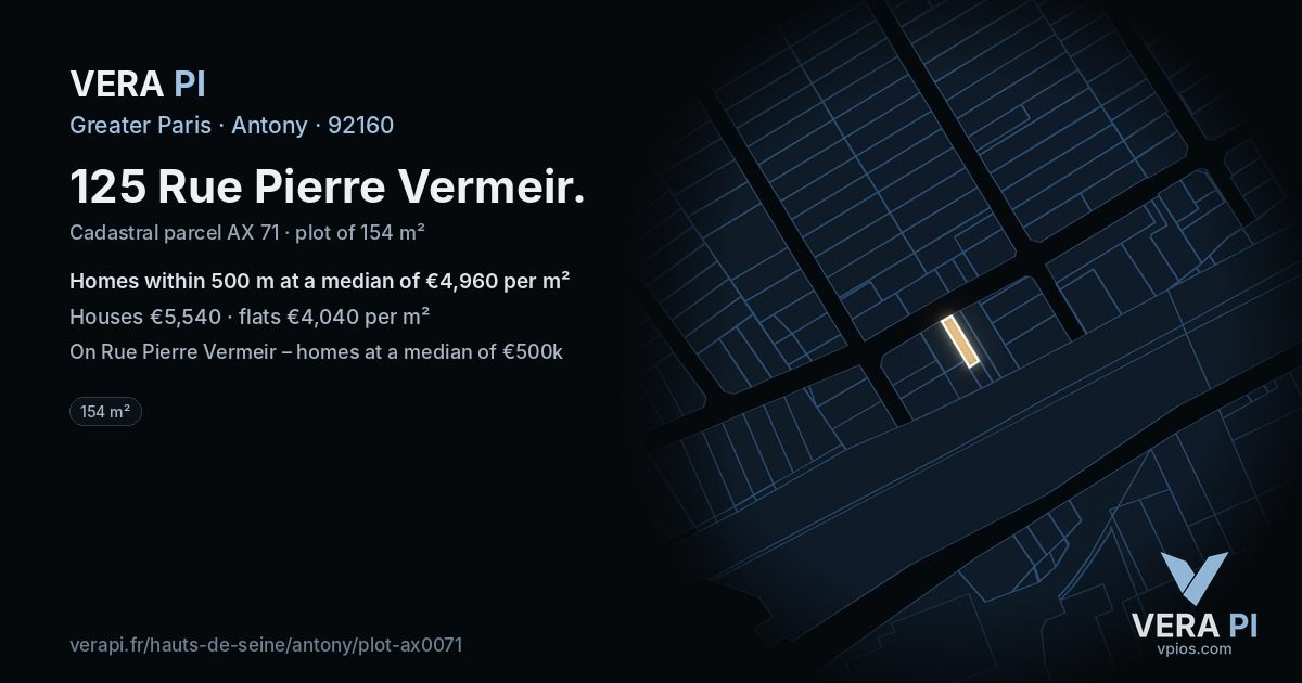 125 Rue Pierre Vermeir, Antony at night – the plot lit, the parcels around coloured by the prices near them