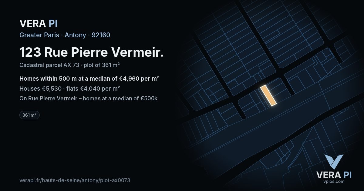 123 Rue Pierre Vermeir, Antony at night – the plot lit, the parcels around coloured by the prices near them