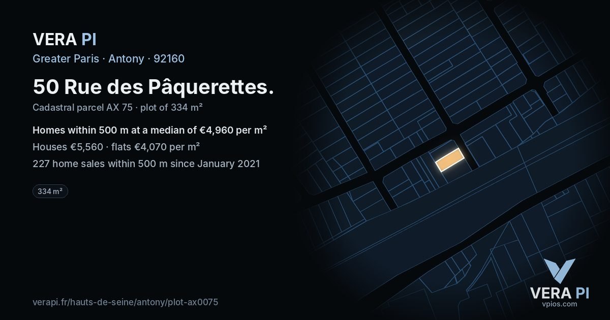 50 Rue des Pâquerettes, Antony at night – the plot lit, the parcels around coloured by the prices near them