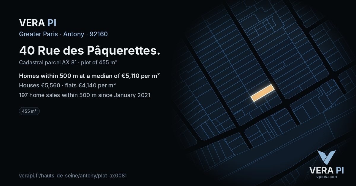 40 Rue des Pâquerettes, Antony at night – the plot lit, the parcels around coloured by the prices near them