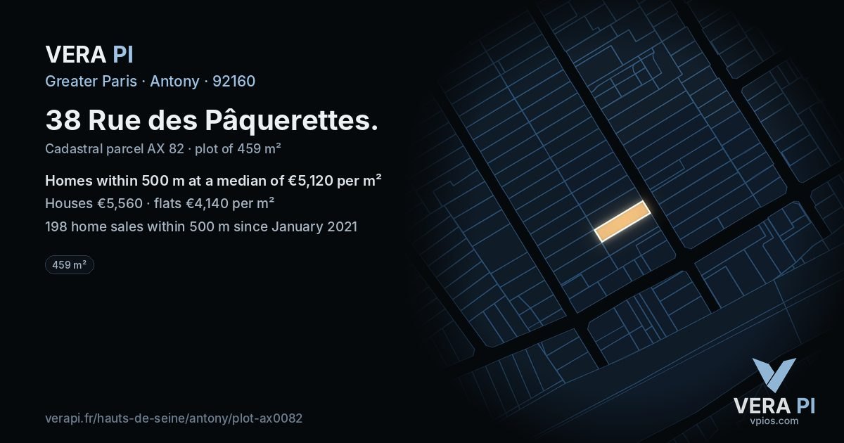38 Rue des Pâquerettes, Antony at night – the plot lit, the parcels around coloured by the prices near them