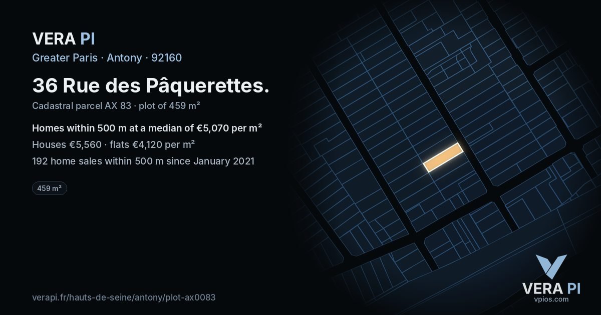 36 Rue des Pâquerettes, Antony at night – the plot lit, the parcels around coloured by the prices near them