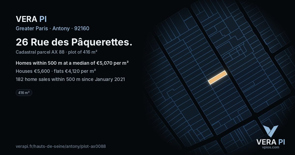 26 Rue des Pâquerettes, Antony at night – the plot lit, the parcels around coloured by the prices near them