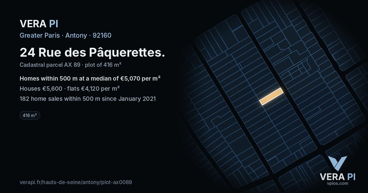 24 Rue des Pâquerettes, Antony at night – the plot lit, the parcels around coloured by the prices near them