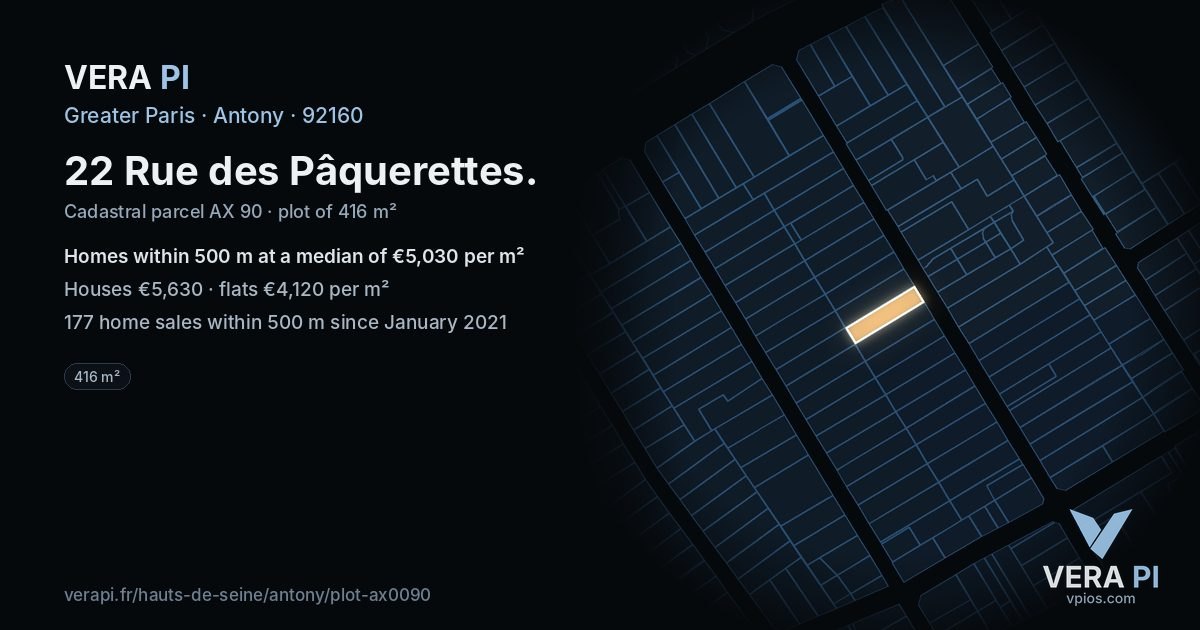 22 Rue des Pâquerettes, Antony at night – the plot lit, the parcels around coloured by the prices near them