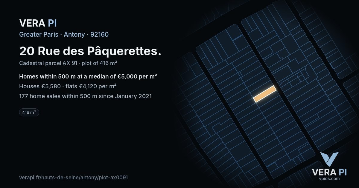 20 Rue des Pâquerettes, Antony at night – the plot lit, the parcels around coloured by the prices near them