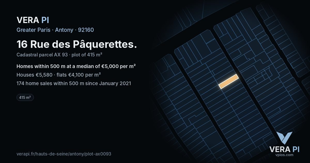 16 Rue des Pâquerettes, Antony at night – the plot lit, the parcels around coloured by the prices near them