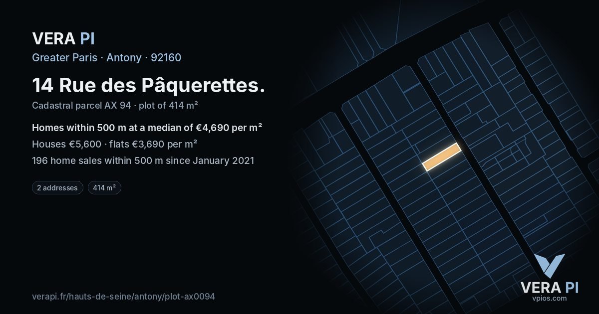 14 Rue des Pâquerettes, Antony at night – the plot lit, the parcels around coloured by the prices near them