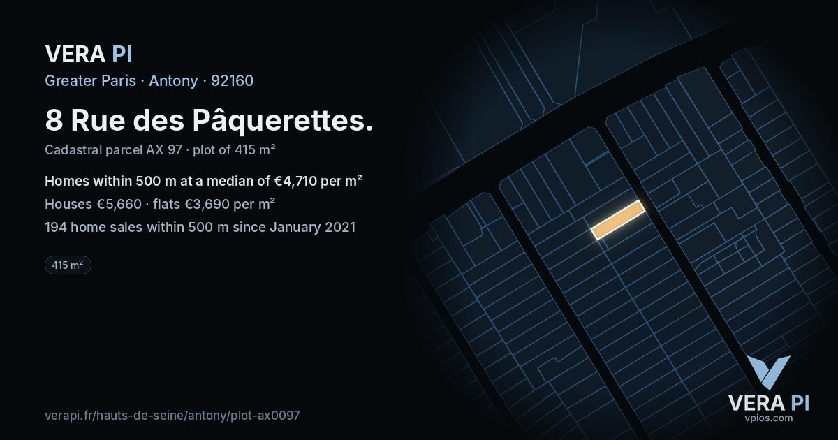 8 Rue des Pâquerettes, Antony at night – the plot lit, the parcels around coloured by the prices near them