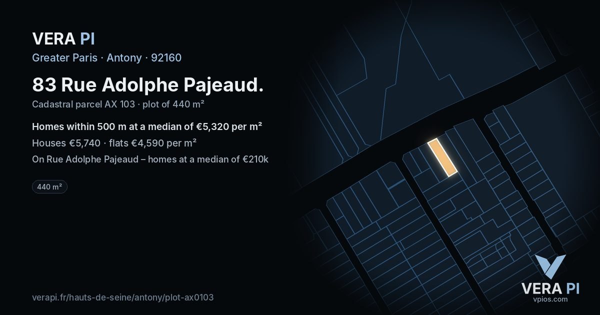 83 Rue Adolphe Pajeaud, Antony at night – the plot lit, the parcels around coloured by the prices near them