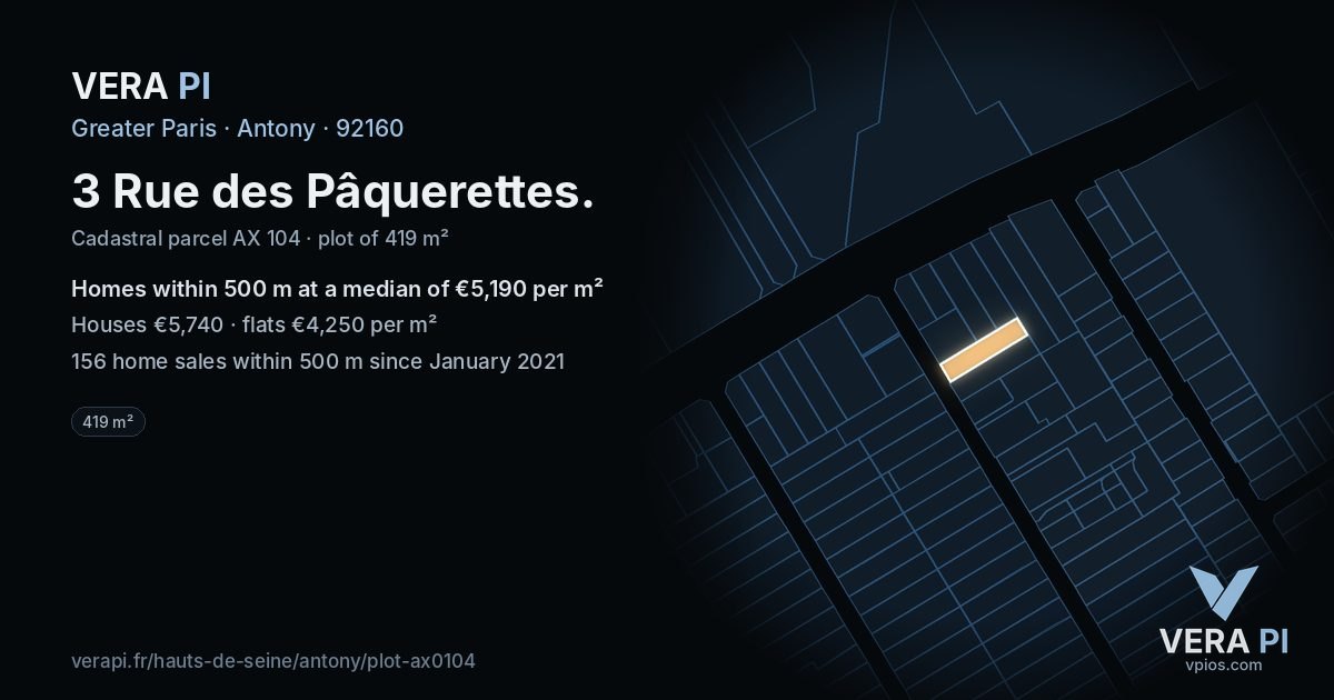 3 Rue des Pâquerettes, Antony at night – the plot lit, the parcels around coloured by the prices near them