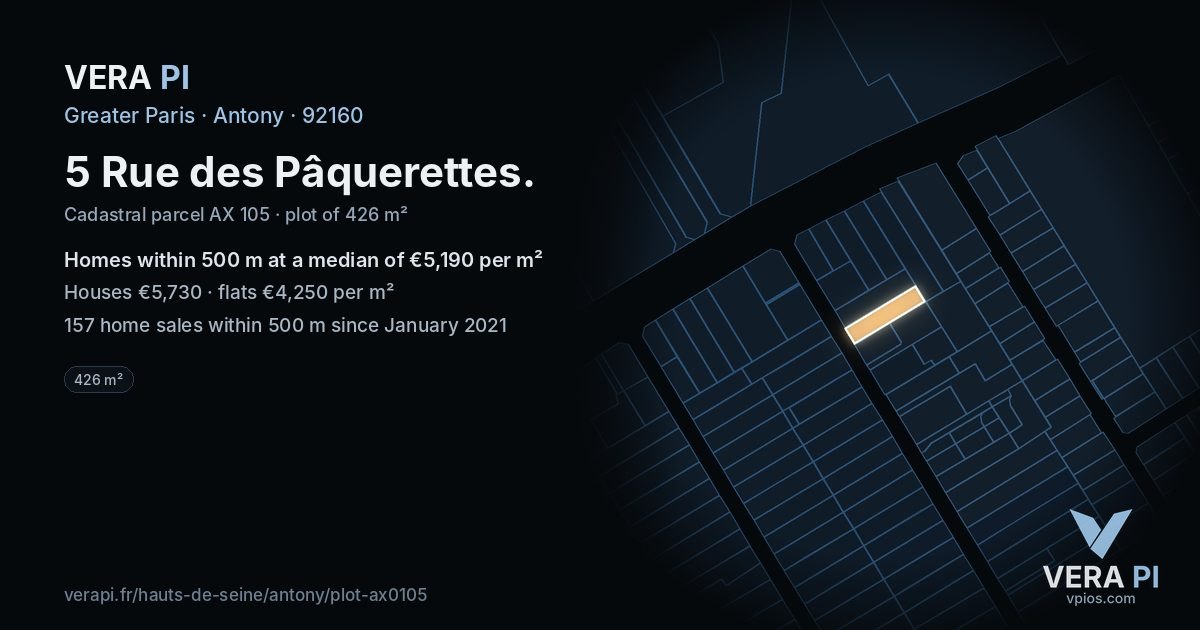 5 Rue des Pâquerettes, Antony at night – the plot lit, the parcels around coloured by the prices near them