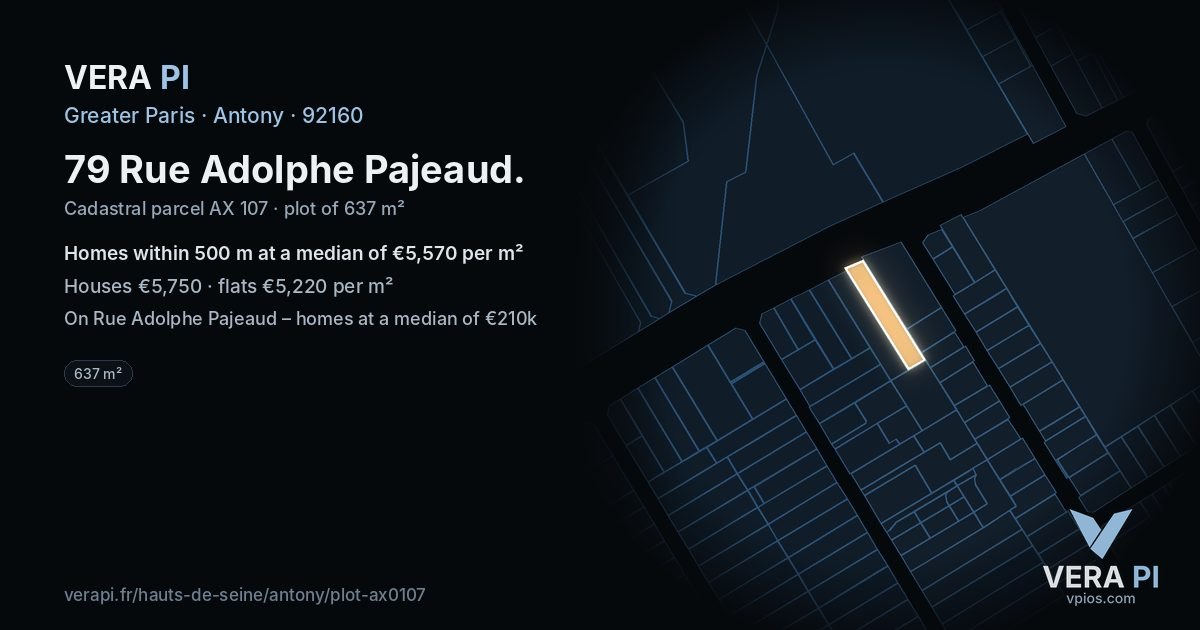 79 Rue Adolphe Pajeaud, Antony at night – the plot lit, the parcels around coloured by the prices near them