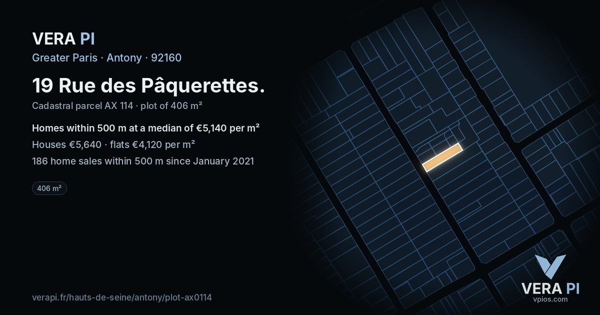 19 Rue des Pâquerettes, Antony at night – the plot lit, the parcels around coloured by the prices near them