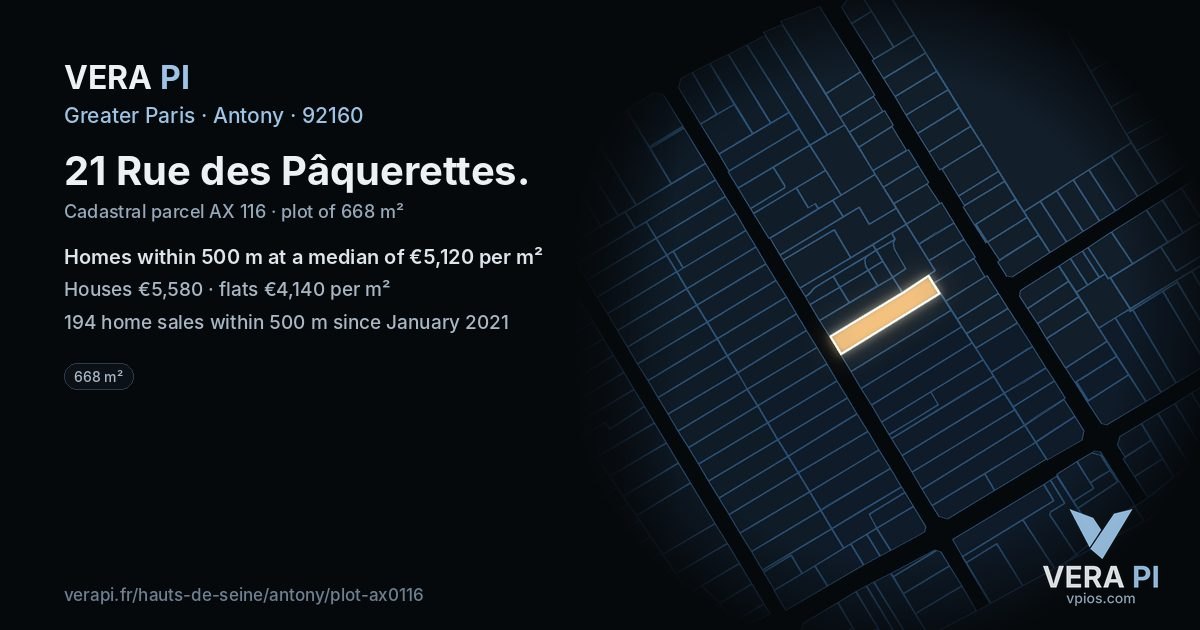 21 Rue des Pâquerettes, Antony at night – the plot lit, the parcels around coloured by the prices near them