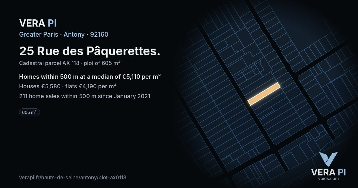 25 Rue des Pâquerettes, Antony at night – the plot lit, the parcels around coloured by the prices near them