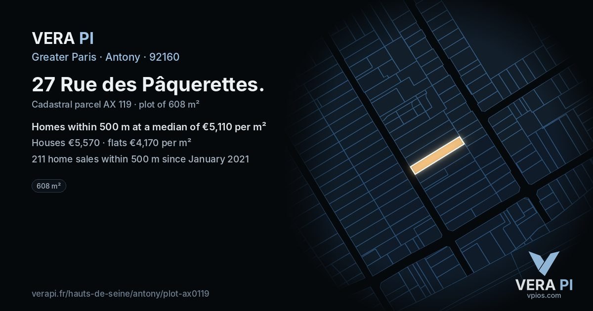 27 Rue des Pâquerettes, Antony at night – the plot lit, the parcels around coloured by the prices near them