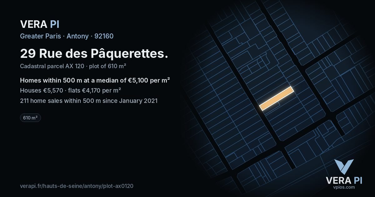 29 Rue des Pâquerettes, Antony at night – the plot lit, the parcels around coloured by the prices near them