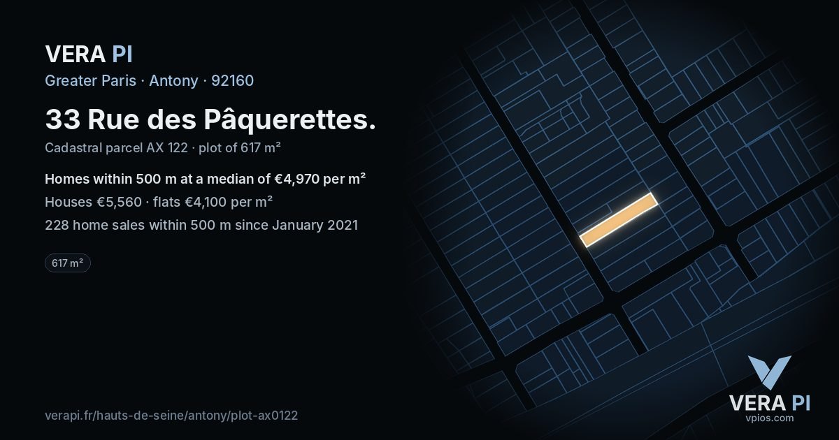 33 Rue des Pâquerettes, Antony at night – the plot lit, the parcels around coloured by the prices near them