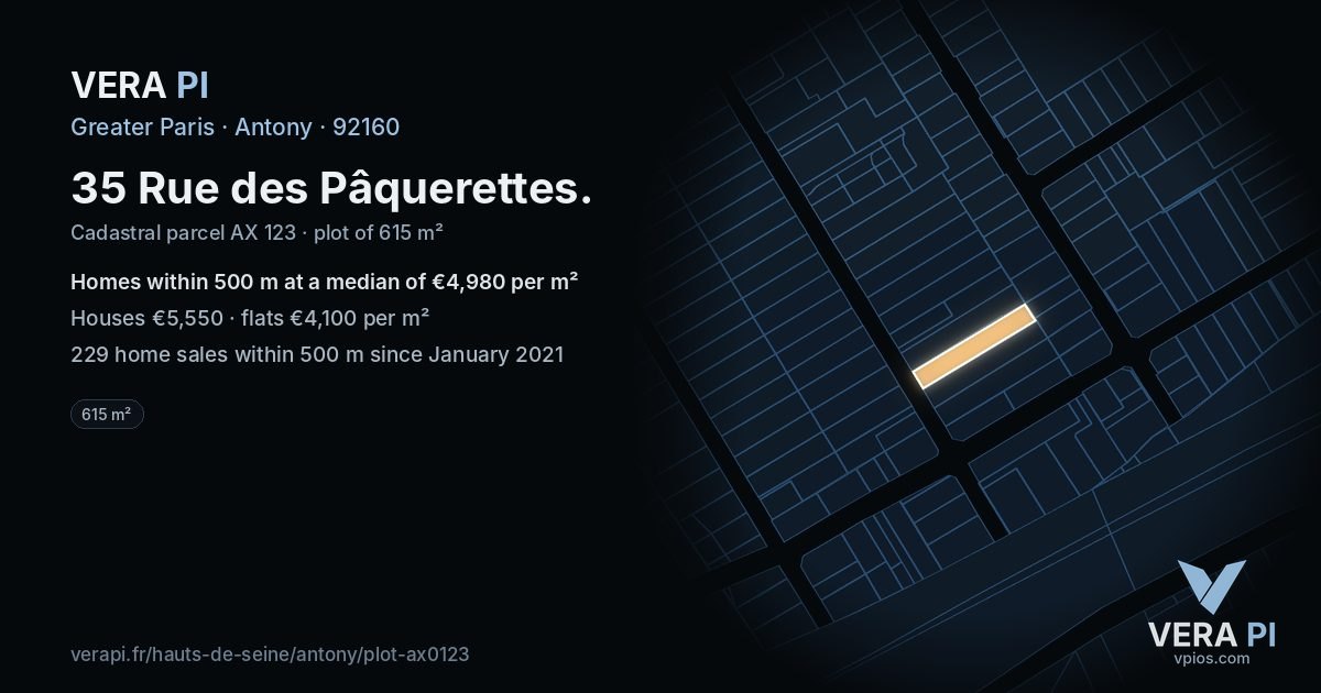 35 Rue des Pâquerettes, Antony at night – the plot lit, the parcels around coloured by the prices near them