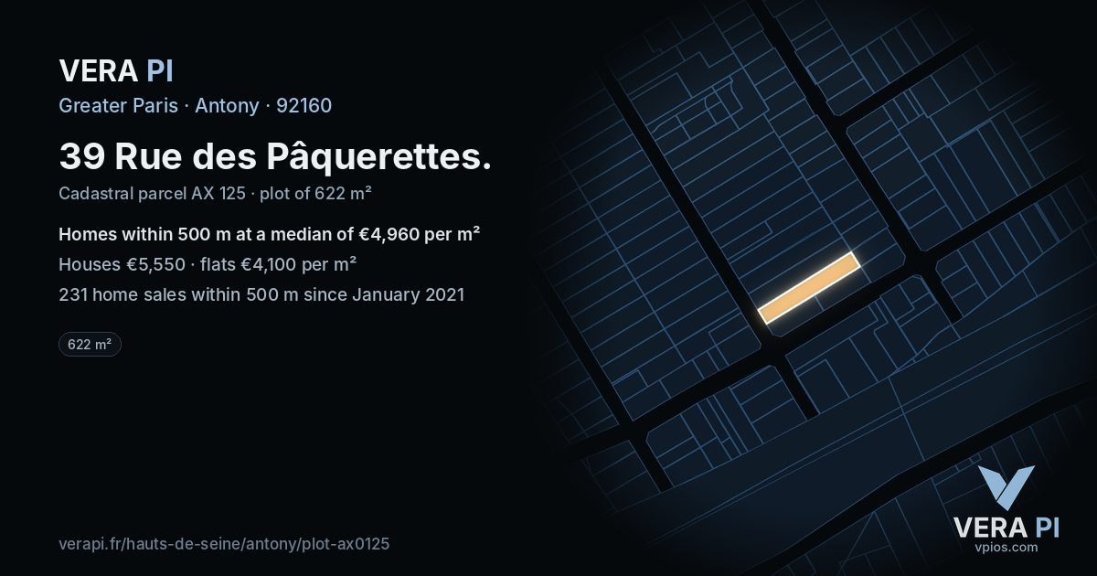 39 Rue des Pâquerettes, Antony at night – the plot lit, the parcels around coloured by the prices near them