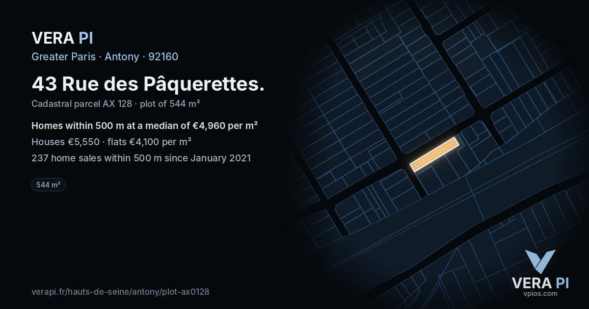 43 Rue des Pâquerettes, Antony at night – the plot lit, the parcels around coloured by the prices near them