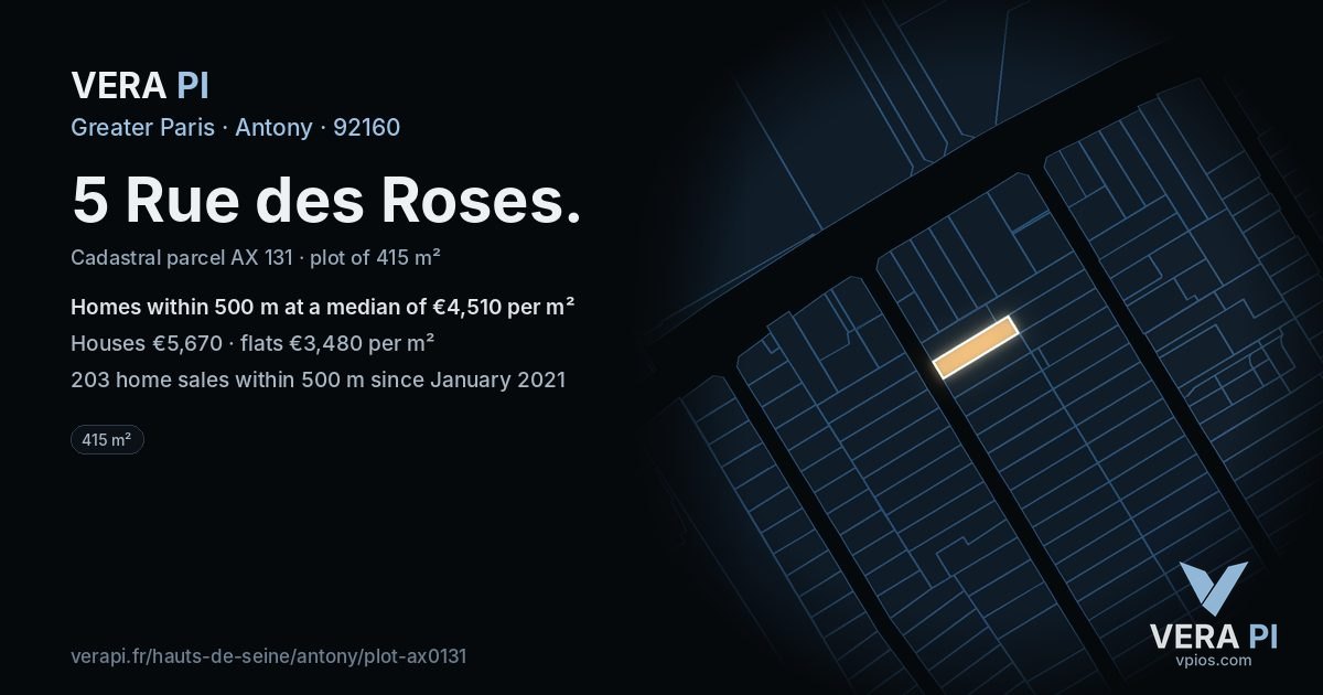 5 Rue des Roses, Antony at night – the plot lit, the parcels around coloured by the prices near them