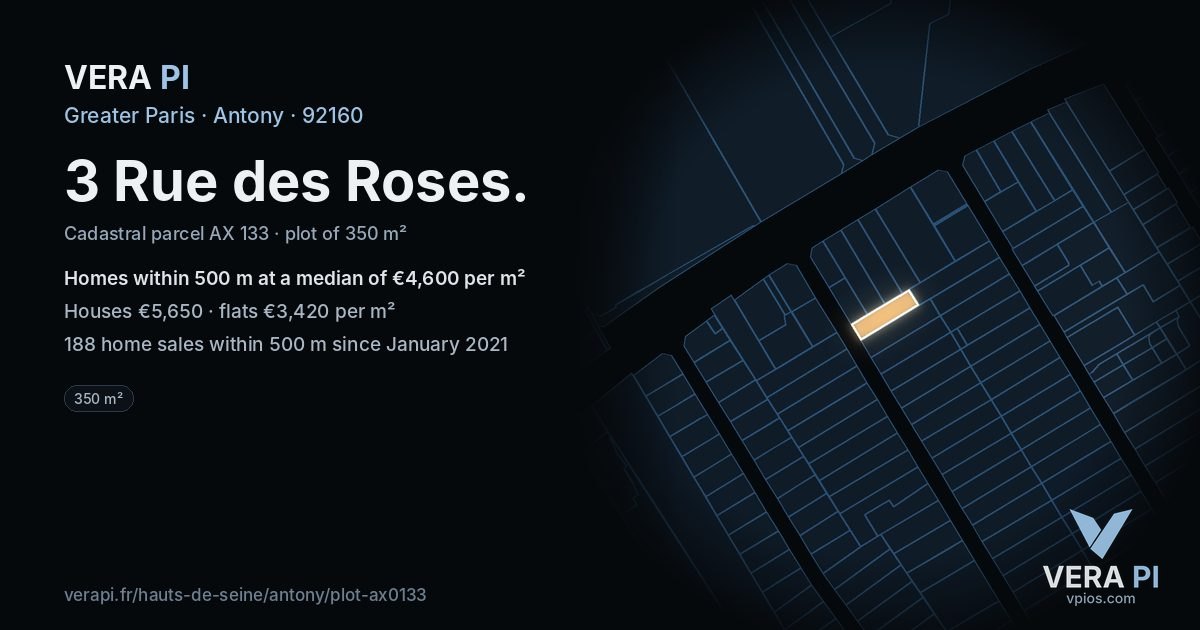 3 Rue des Roses, Antony at night – the plot lit, the parcels around coloured by the prices near them