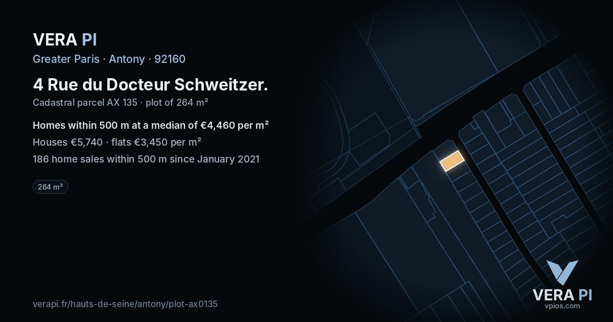 4 Rue du Docteur Schweitzer, Antony at night – the plot lit, the parcels around coloured by the prices near them