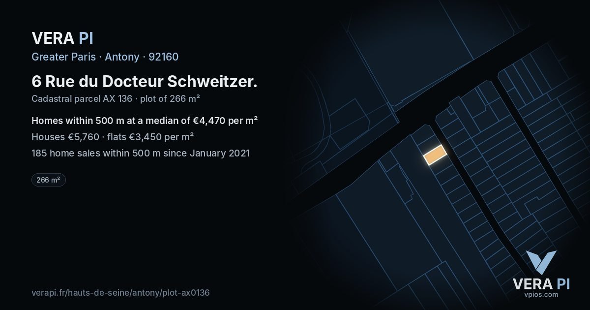 6 Rue du Docteur Schweitzer, Antony at night – the plot lit, the parcels around coloured by the prices near them