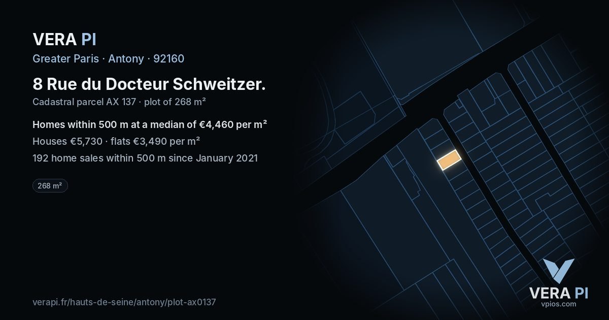 8 Rue du Docteur Schweitzer, Antony at night – the plot lit, the parcels around coloured by the prices near them