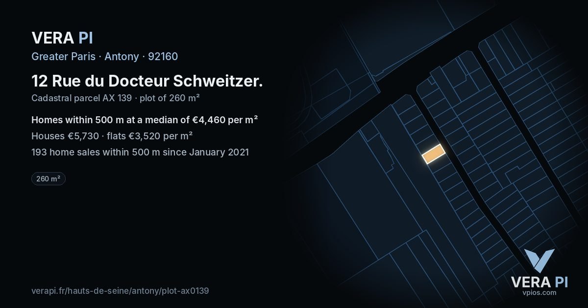 12 Rue du Docteur Schweitzer, Antony at night – the plot lit, the parcels around coloured by the prices near them