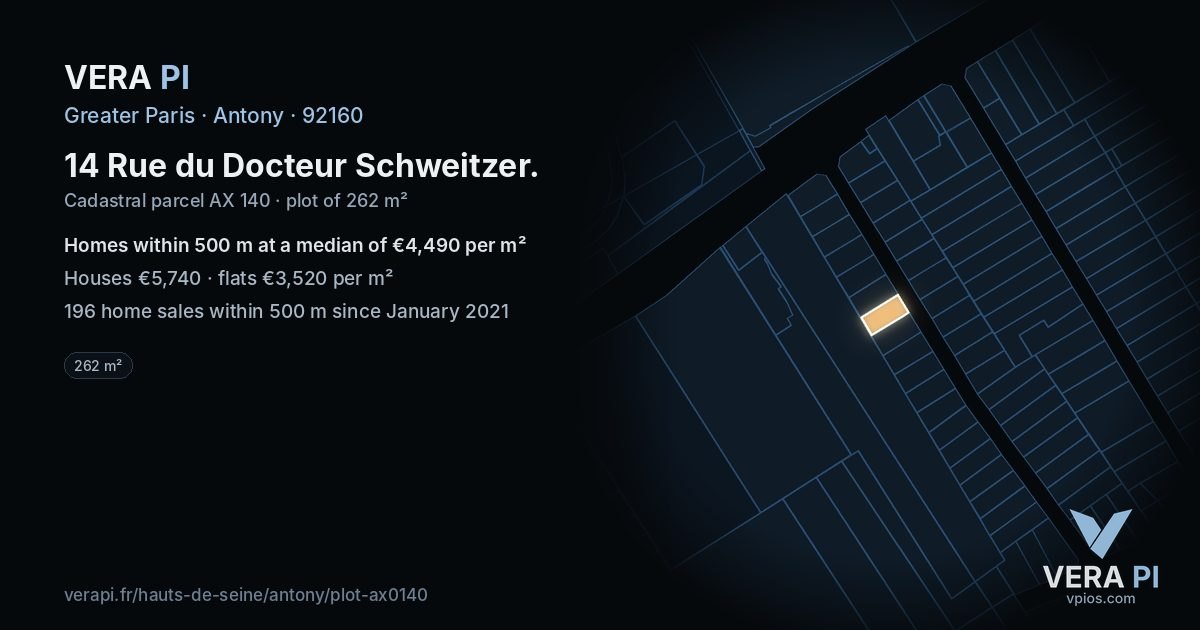 14 Rue du Docteur Schweitzer, Antony at night – the plot lit, the parcels around coloured by the prices near them