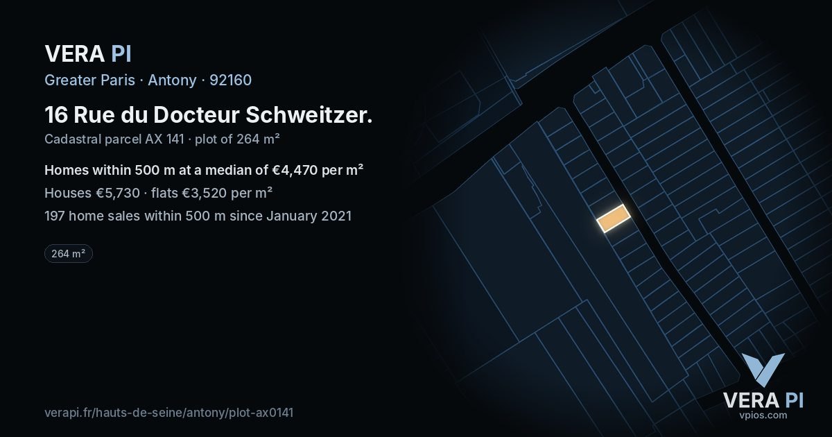 16 Rue du Docteur Schweitzer, Antony at night – the plot lit, the parcels around coloured by the prices near them