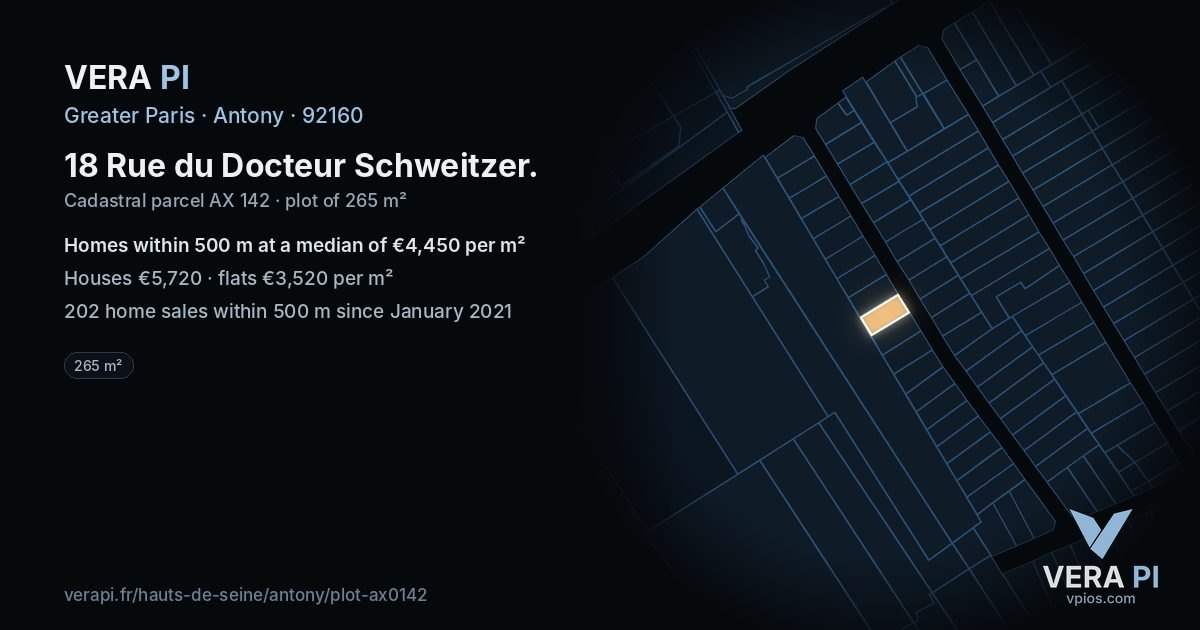 18 Rue du Docteur Schweitzer, Antony at night – the plot lit, the parcels around coloured by the prices near them