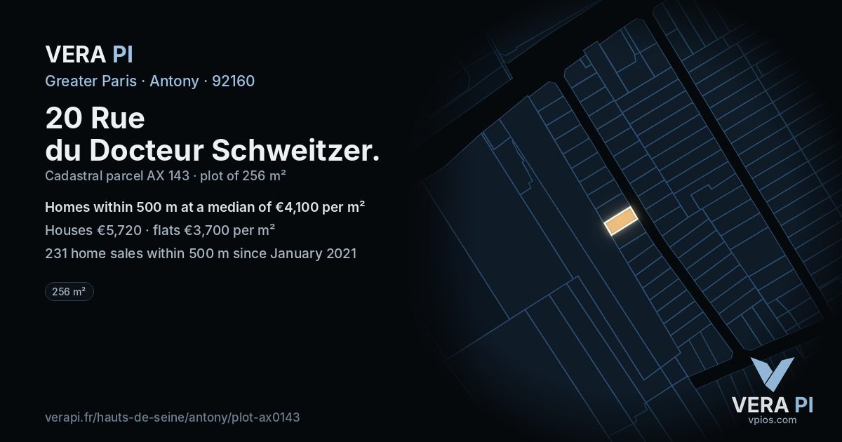 20 Rue du Docteur Schweitzer, Antony at night – the plot lit, the parcels around coloured by the prices near them