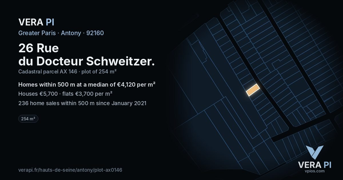 26 Rue du Docteur Schweitzer, Antony at night – the plot lit, the parcels around coloured by the prices near them