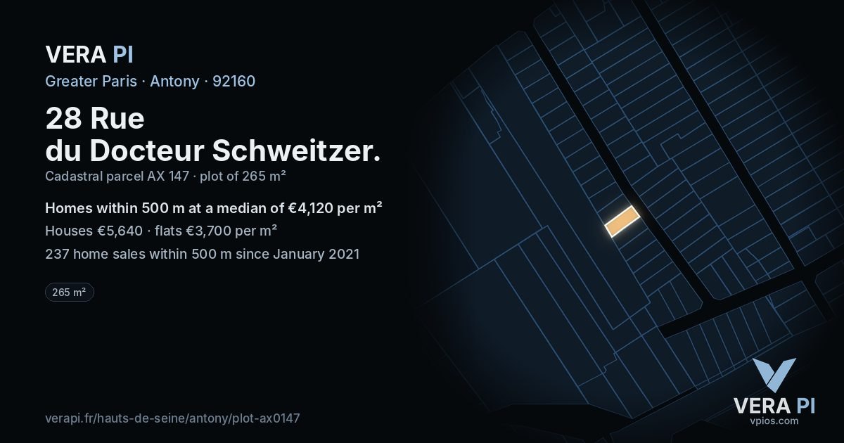28 Rue du Docteur Schweitzer, Antony at night – the plot lit, the parcels around coloured by the prices near them