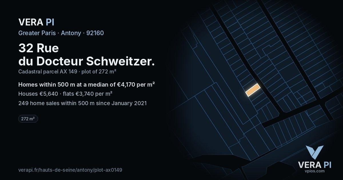 32 Rue du Docteur Schweitzer, Antony at night – the plot lit, the parcels around coloured by the prices near them