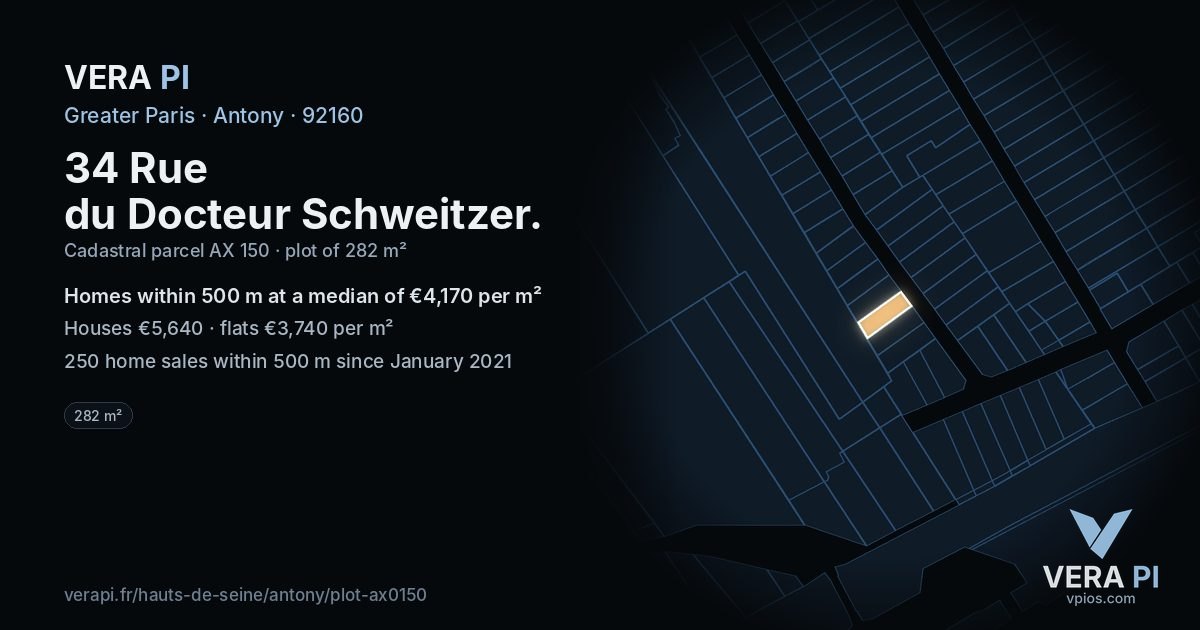 34 Rue du Docteur Schweitzer, Antony at night – the plot lit, the parcels around coloured by the prices near them