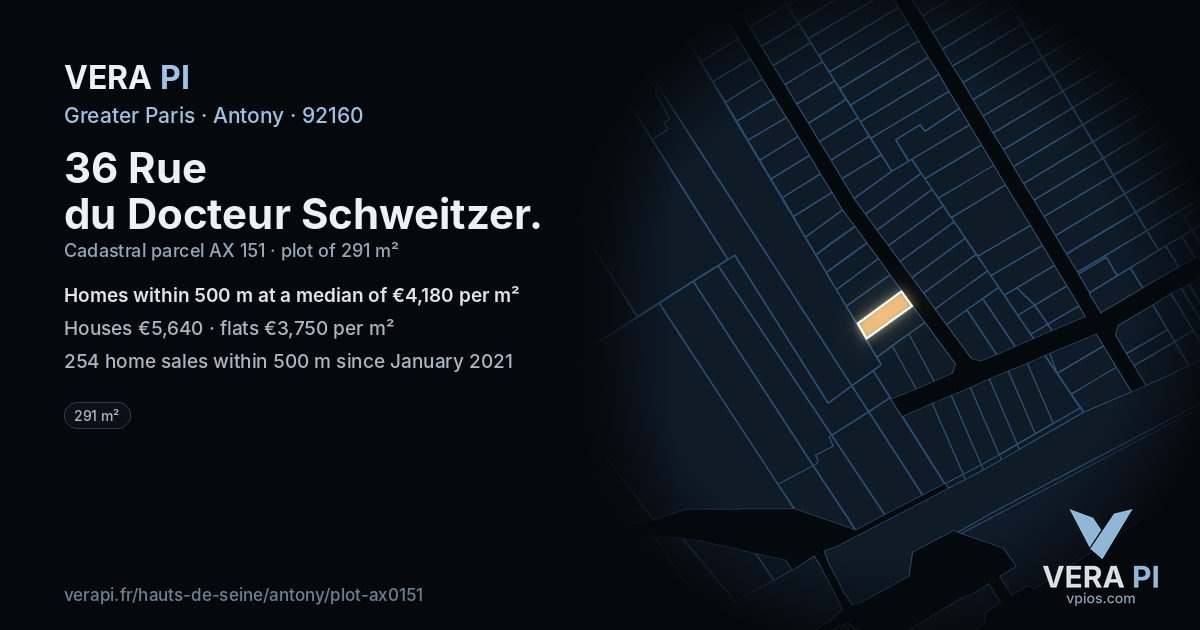 36 Rue du Docteur Schweitzer, Antony at night – the plot lit, the parcels around coloured by the prices near them