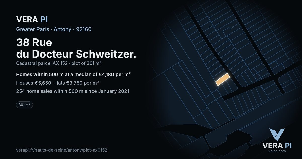38 Rue du Docteur Schweitzer, Antony at night – the plot lit, the parcels around coloured by the prices near them