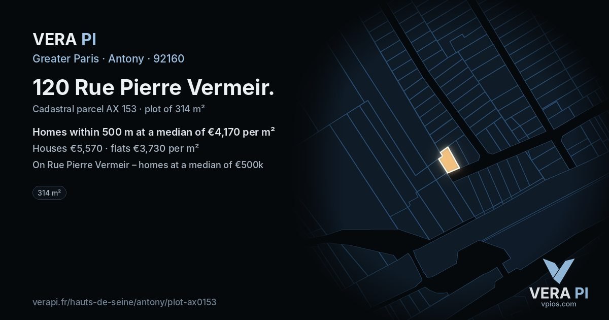 120 Rue Pierre Vermeir, Antony at night – the plot lit, the parcels around coloured by the prices near them