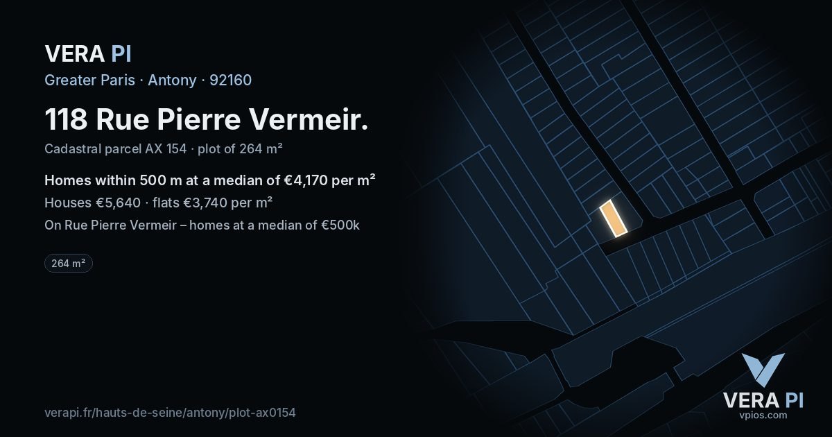 118 Rue Pierre Vermeir, Antony at night – the plot lit, the parcels around coloured by the prices near them